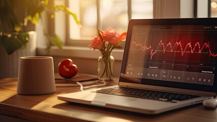 an ECG monitor placed on a table in a cozy home setting, emphasizing the convenience of remote health monitoring and telemedicine.