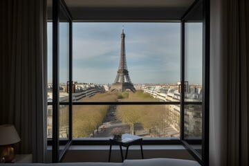 Scenic Eiffel Tower panorama seen from posh flat. Generative AI