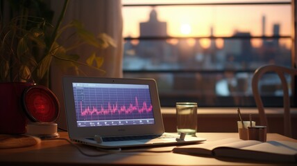 an ECG monitor placed on a table in a cozy home setting, emphasizing the convenience of remote health monitoring and telemedicine.