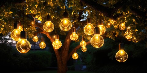 Hanging light bulbs, warm colors, hanging on a tree created with AI