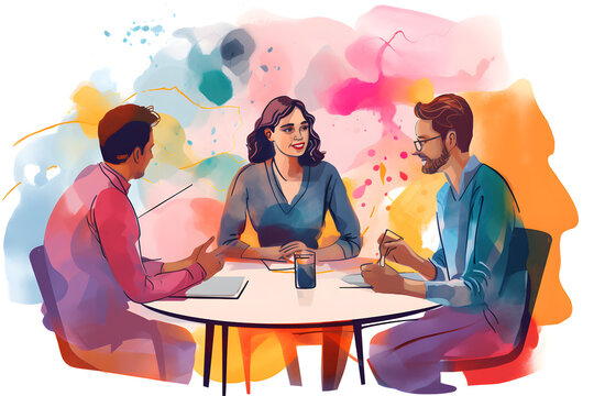 Three people in discussion at a table against a colorful backdrop