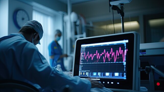 an ECG monitor in a hospital room, displaying a real-time heart rhythm of a patient, with medical professionals in the background ensuring the patient's well-being.