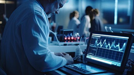 an ECG monitor in a hospital room, displaying a real-time heart rhythm of a patient, with medical professionals in the background ensuring the patient's well-being.
