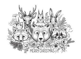 Christmas card with hand drawn funny animals with winter floral wreath. Vector illustration in sketch style.