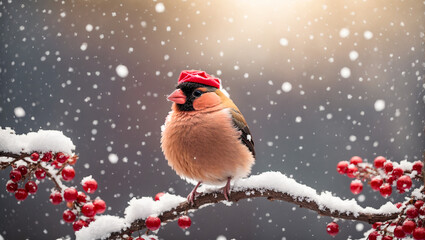 Cute funny cartoon bullfinch bird wearing a santa hat on a snowy branch