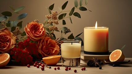 Obraz na płótnie Canvas a modern minimalist arrangement that includes an aromatic candle, dried citruses, cinnamon, anise, and a miniature watermelon, all coming together to celebrate the spirit of autumn.