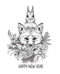 Christmas card with hand drawn funny fox and squirrel with winter floral wreath. Vector illustration in sketch style.