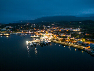 Aerial night view of Killybegs, the most important fishing harbour town in Ireland, County Donegal