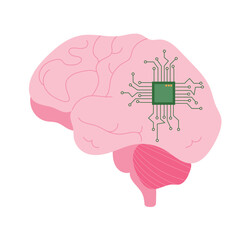 Concept of artificial intelligence or micro chip implantation in brain, isolated vector illustration in flat design