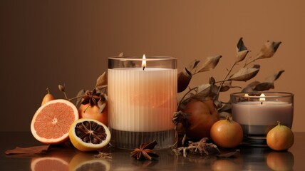 a modern minimalist arrangement that includes an aromatic candle, dried citruses, cinnamon, anise, and a miniature watermelon, all coming together to celebrate the spirit of autumn.