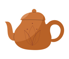 Clay brown ceremonial teapot with lotus engraving, isolated vector illustration in flat design