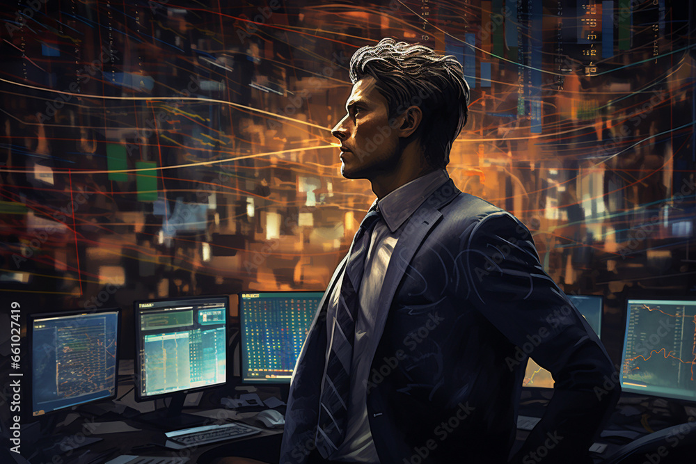 Aufkleber amid the hum of a busy trading floor, a male trader sits in front of an array of screens, his sharp 