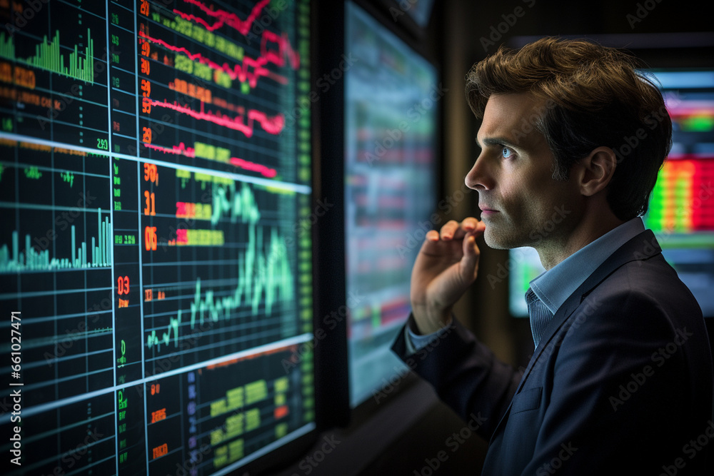 Poster in the midst of a high-frequency trading operation, a male trader stands in front of a wall of rapid