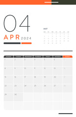 Creative minimal business monthly 2024 Calendar template vector. Desk, wall calendar for print, digital calendar or planner. Week start on Monday. Annual calendar layout design elements. April.