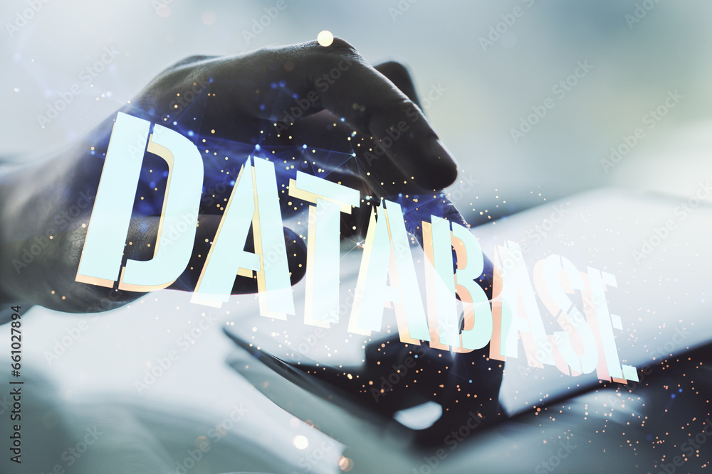 Poster double exposure of creative database word hologram and finger clicks on a digital tablet on backgrou
