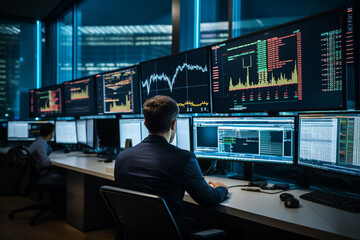 Fototapeta premium From behind a row of elegant cubicles in a modern financial center, observe analysts at their workstations, their screens displaying intricate price charts, while they engage in th 