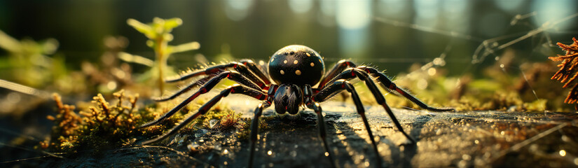 Naklejka premium Large Forest Spider Close Up. Illustration On The Theme Of Insects And Nature, Ecology And Climate.
