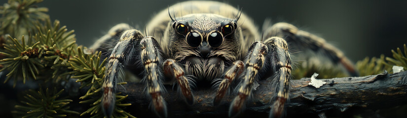 Naklejka premium Close-Up Of A Forest Spider. Illustration On The Theme Of Insects And Nature, Ecology And Climate. Generative AI