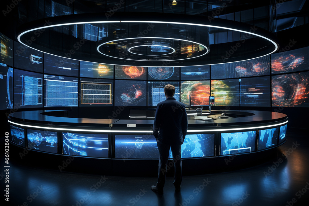 Aufkleber stand behind analysts in an immersive trading environment, where they interact with price charts on 