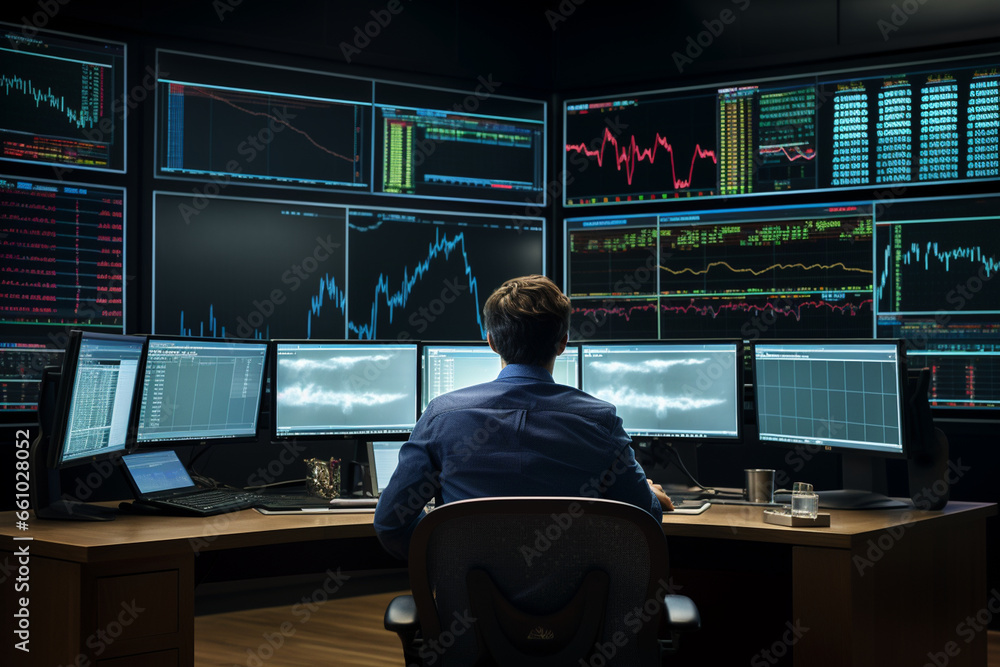 Aufkleber gaze upon a row of analysts from behind as they work in a bright and modern trading space, their scr