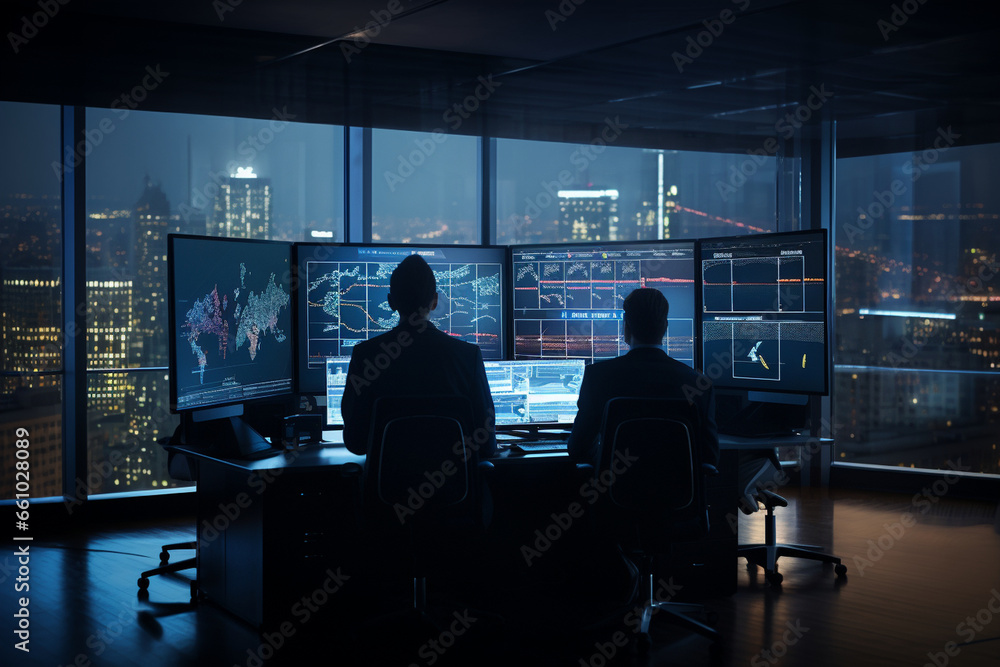 Aufkleber observe the intense concentration of analysts from behind in a dynamic financial center, where they 