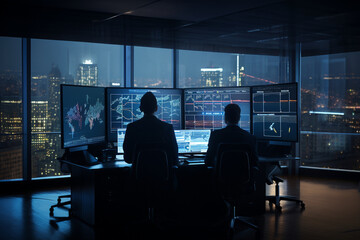 Fototapeta na wymiar Observe the intense concentration of analysts from behind in a dynamic financial center, where they analyze price charts on screens with dynamic lighting, symbolizing the high-stak 