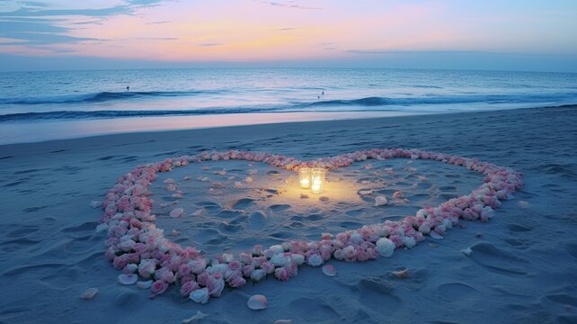 a heart-shaped arrangement of rose petals on the beach sand during a seaside wedding ceremony. The gentle blue wave in the background adds a serene touch to the romantic setting. - Powered by Adobe
