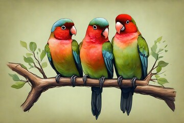 Create an image of two lovebirds perched on a branch, with their bodies forming a heart