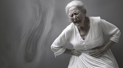 An old woman with stomach pain infront of a clean one colored background.generative ai

