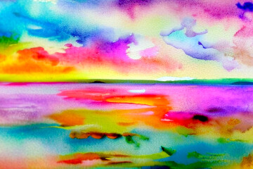 明るい色彩の綺麗な明るい空と雲の水彩画風のイラスト。Generative AI