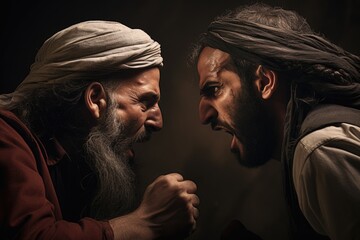 Tense Encounter. Arab and Jewish Individuals Engage in a Heated Verbal Dispute, Reflecting the Deep-Seated Divides in the Middle East. Face off. screaming and yelling at each other. deadly rivals. - obrazy, fototapety, plakaty