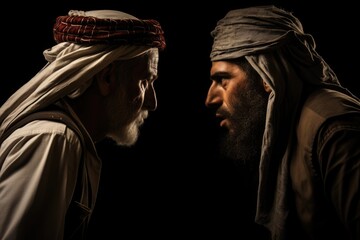 Intense Standoff: Arab and Jewish Men Lock Eyes in Heated Conflict, Illustrating Ongoing Regional Tensions. Dark background. good and evil. war. murder. genocide, terrorism. prophet.  - obrazy, fototapety, plakaty