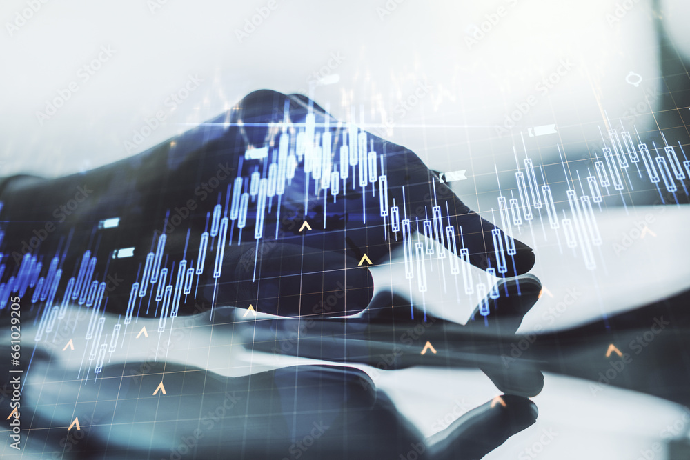 Poster double exposure of abstract creative financial diagram with world map and with finger clicks on a di