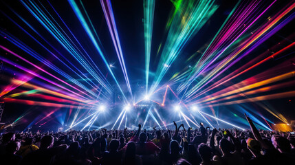 Headlining act takes the stage with a spectacular light show at a music festival, electrifying the night