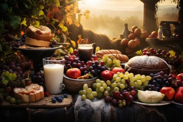 foggy misty farm field ranch. bonanza. export quality goods. A rustic wood table with abundant fruits, vegetables, drinks, foods, wine, milk, bread, meat, cheese, nuts. Farm to table.