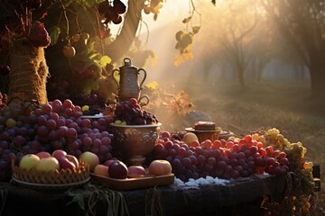 A rustic wood table with abundant fruits, vegetables, drinks, foods, wine, milk, bread, meat, cheese, nuts. Farm to table. Grapes, peaches, strawberry, medieval feast. sun rays shining down the ranch  - obrazy, fototapety, plakaty