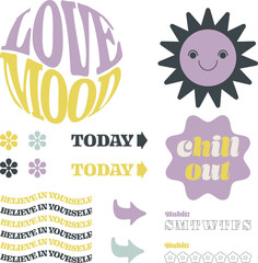 Set of Cool trendy retro stickers with smiley faces, badges, habit trackers and planner elements. Vector illustration of vintage badges. They read, Chill out, Love mood, Believe in yourself.