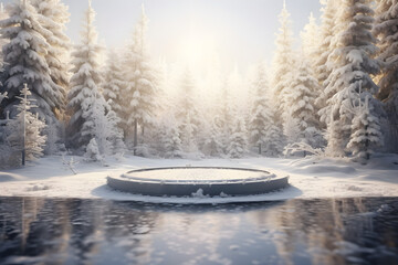 Winter Wonderland Round Podium, Snowy Forest on Background
