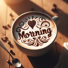 A cup of coffee with foam with a word "morning" on it. Soft morning sunlight. Positive mood.