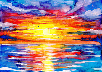 Seascape with watercolors. Sunset