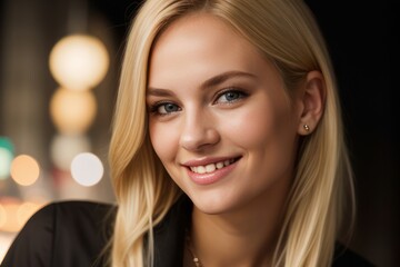 Portrait beautiful blonde model young woman with white teeth smile, healthy long hair and beauty skin. Concept of advertising dentist and facial care. Generative AI
