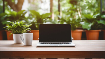 Wooden table with laptop white screen and a cup of coffee, complemented by a vibrant potted plant blurred background.