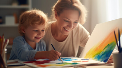 Fototapeta premium Mother and child painting together with colorful paints on a blurred room background