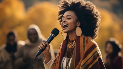 a African Ethiopian female gospel singer, dressed in earthy, fall-inspired clothing, singing...