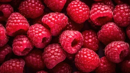 Poster Raspberries fruits background top view angle © GulArt