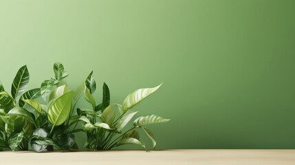 Green wall and plants with copyspace. Marketing advertising platform