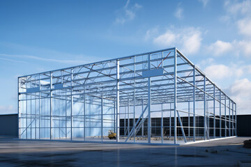 Fototapeta premium Metal frame of the building with a sandwich panel of insulation on the wall. Construction of a new industrial building.