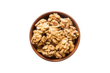 Roasted walnuts in bowl isolated on white background. walnuts is snack or raw of cook. Healthy food concept