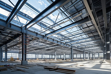 Construction industrial building. Use as large factory, warehouse, storehouse, hangar or plant. Modern interior with metal wall and steel structure with empty space for industry background. - obrazy, fototapety, plakaty
