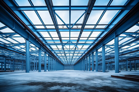 Construction industrial building. Use as large factory, warehouse, storehouse, hangar or plant. Modern interior with metal wall and steel structure with empty space for industry background.